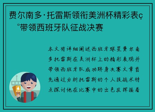 费尔南多·托雷斯领衔美洲杯精彩表现带领西班牙队征战决赛